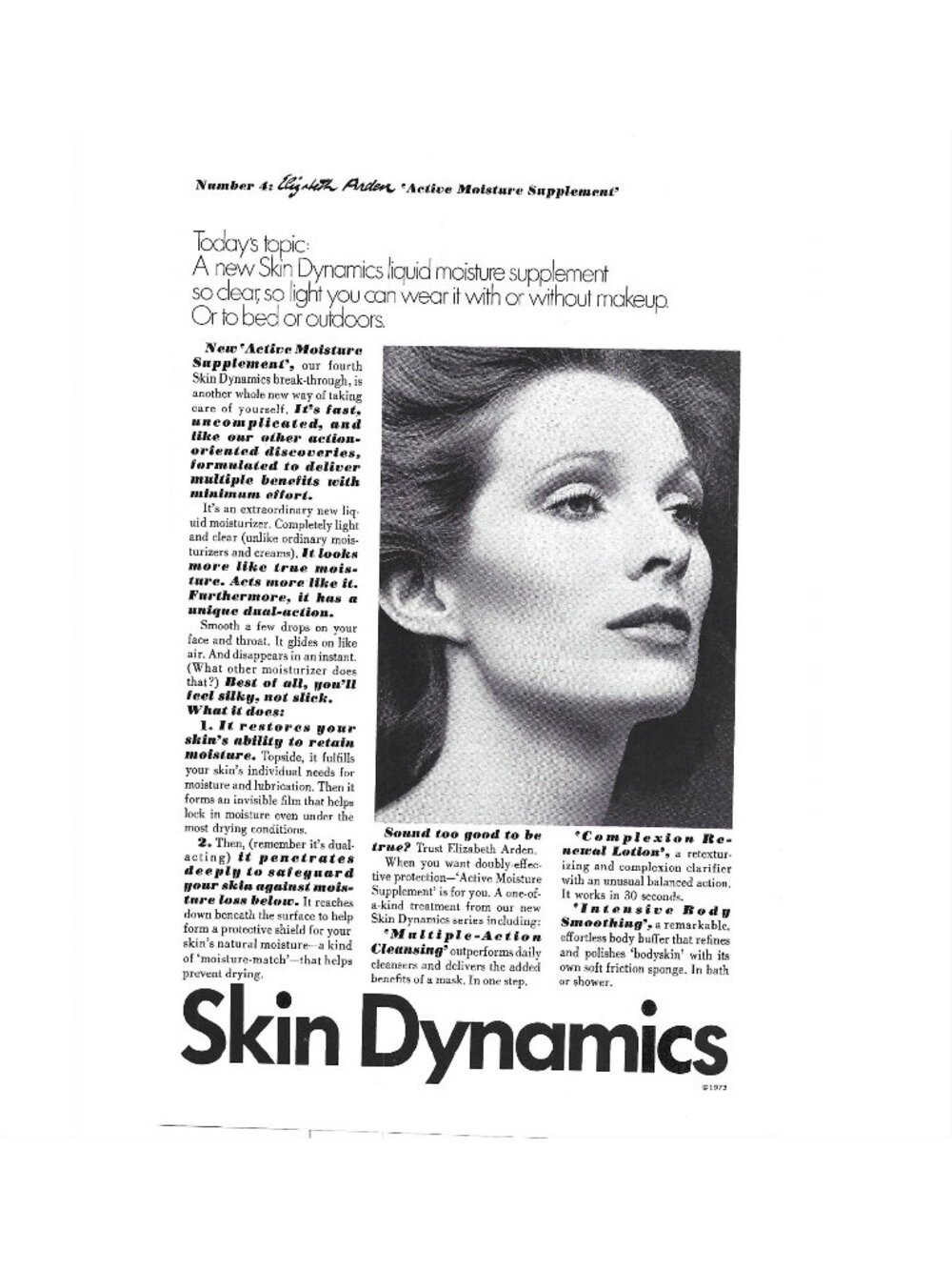 Print Ad Elizabeth Arden Skin Dynamics Moisture 1973 Hydrating Skincare ADVERT